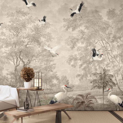 The wallpaper features a monochromatic landscape of trees and flying cranes, evoking tranquil forests. Colors include varying shades of white and gray, creating a serene and nature-inspired scene.