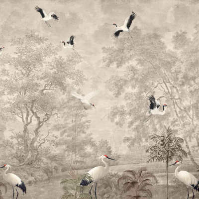 Elegant cranes with white bodies and black-tipped red heads among trees and plants, some flying and others standing gracefully. Soft muted tones of greenery, misty backdrop.