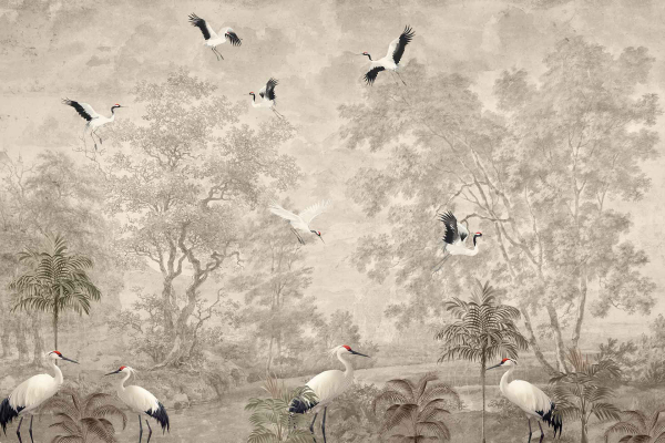 Elegant cranes with white bodies and black-tipped red heads among trees and plants, some flying and others standing gracefully. Soft muted tones of greenery, misty backdrop.