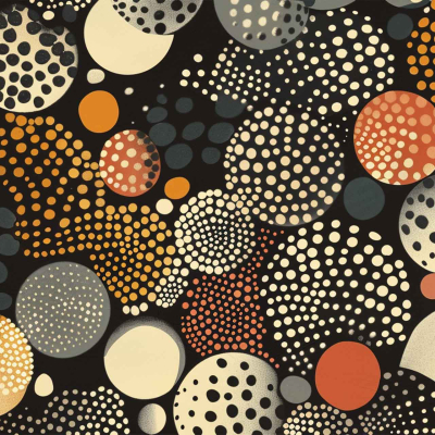 Visually dynamic abstract wallpaper with overlapping circles in various sizes and colors. Featuring shades of orange, black, beige, and white with intricate dot patterns within the circles on a dark background. Lively and textured appearance perfect for an energetic design scheme.