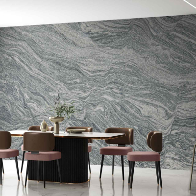 The wallpaper in the Modern dining area (Mark I) features a large marble wall showcasing intricate patterns. The design combines shades of white, grey, and subtle gold veins, creating an elegant and sophisticated backdrop. The marble pattern is detailed with refined textures that add depth and a touch of luxury to the dining space.