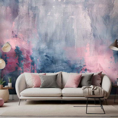The wallpaper is a large, abstract mural in shades of blue and pink. This dynamic backdrop features fluid, expressive shapes, and vibrant color splashes that create a captivating focal point for the room.