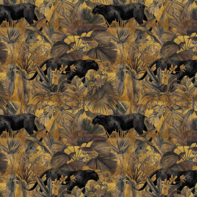 Wallpaper with black panthers, tropical foliage in muted gold, brown, and green hues. Dense leaves, plants intertwined; rich jungle theme with an exotic dreamscape feel.