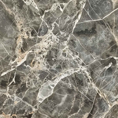 A detailed close-up view of a polished marble surface reveals a guided mosaic of interlocking gray, white, and beige veins. The natural stone texture features an intricate network of fine cracks and varying shades that add depth and character to the wallpaper. The subtle interplay of colors like pearly white, slate gray, and warm beige is prominent throughout the design.