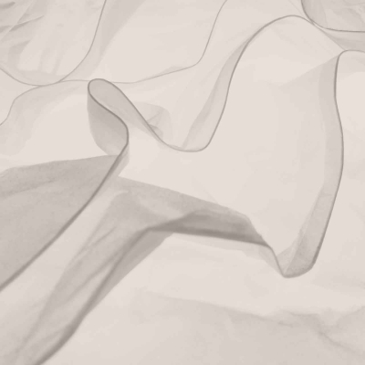 A close-up wallpaper features delicate, translucent fabric in soft, flowing folds. The light beige and gray tones create a peaceful village-on-the-lake ambiance. Subtle shadows and highlights enhance the fabric's texture, forming a soothing abstract pattern.
