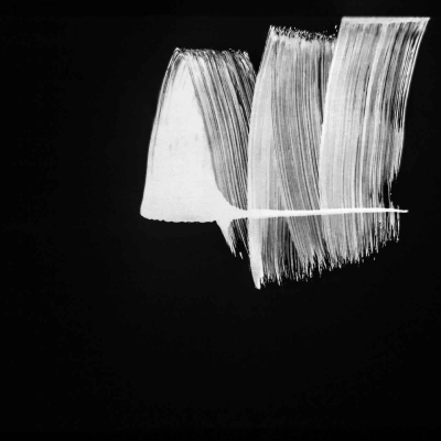 An abstract black and white wallpaper showcases dynamic, thick, textured white brushstrokes on a solid black background. The composition emphasizes sweeping motions and evokes a minimalist, modern art style reminiscent of Mark I.
