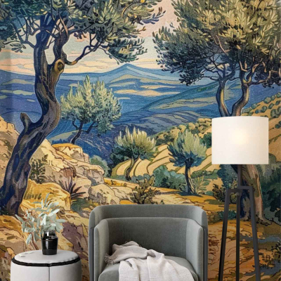 Vibrant mural with scenic landscape, featuring lush green trees, majestic mountains in shades of blue and grey, a clear sky with hints of orange and pink hues from the sunrise or sunset. Warm earthy tones interspersed throughout the wallpaper add depth and tranquility.