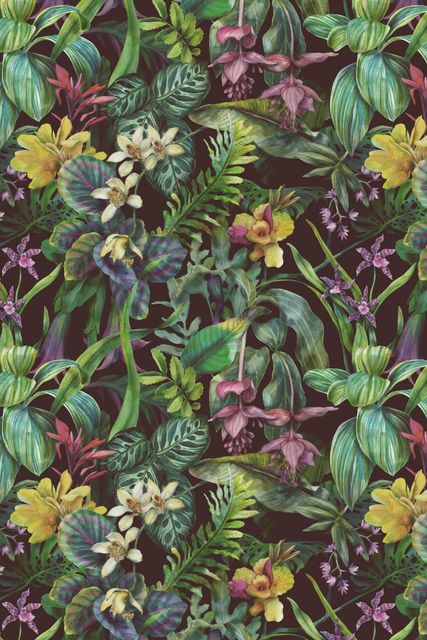 A vibrant botanical wallpaper illustrates various tropical plants and flowers, prominently featuring orchids, ferns, and lush green leaves. These elements are intricately detailed and densely arranged against a dark background. Rich colors such as deep greens, vivid purples, and bold yellows evoke dreams of lush jungles.