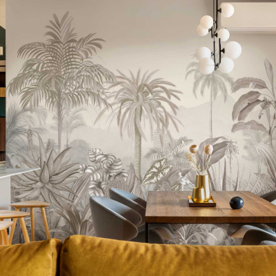 The wallpaper features a large, detailed jungle-themed mural in varying shades of gray, highlighting intricate tropical leaves, plants, and exotic flora. The monochromatic color palette adds depth and sophistication, creating a textured and immersive backdrop. Keywords: jungle-themed mural, shades of gray, tropical leaves, exotic flora.