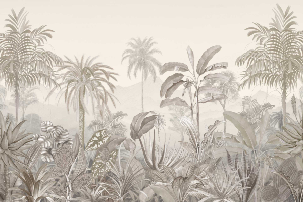 The wallpaper showcases a detailed illustration of a tropical jungle, prominently featuring palm trees and banana leaves amidst other lush vegetation. The color palette consists of shades of gray and beige, evoking the scenic beauty reminiscent of Palm Coast, Florida. In the background, mist-covered hills add a soft, dreamy atmosphere to the composition. Key elements include:
- Tropical jungle setting
- Palm trees
- Banana leaves
- Lush vegetation
- Shades of gray and beige
- Mist-covered hills in the background
- Dreamy ambiance