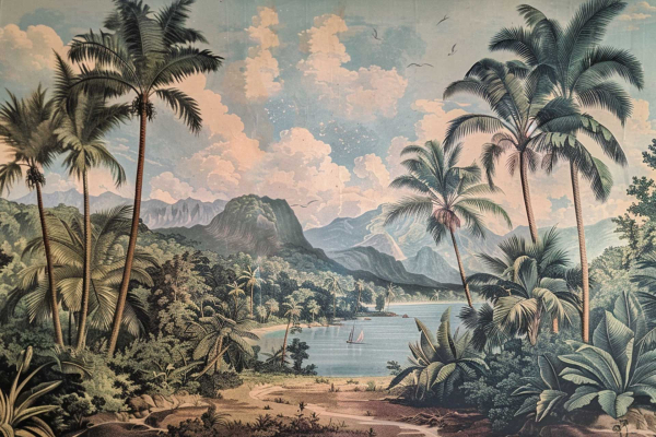 Wallpaper featuring lush tropical landscape: tall palm trees in the foreground, dense greenery, tranquil bay with two sailboats. Background has mountains and a sky with fluffy clouds. Predominant colors: various shades of green, blue water and sky, white clouds, earthy tones for mountains. Serene natural beauty.