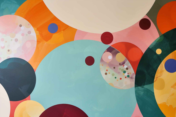 A vibrant, colorful wallpaper with overlapping circles of different sizes in orange, blue, pink, red, and green. Textured patterns add depth and dynamism to the circular motifs. A visually engaging composition ideal for artistic exploration.