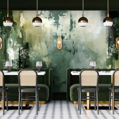The wallpaper features an abstract design with various shades of green, from deep emerald to lighter hues, interspersed with subtle white and gold accents. The pattern includes organic shapes and flowing lines that create a sense of movement and depth. Ideal keywords: green abstract wall art, modern pattern, emerald highlights, flowing lines, white and gold accents.
