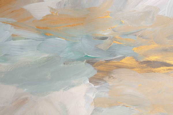 Abstract wallpaper features broad, sweeping brushstrokes in soft pastel tones of blue, gold, white, and beige. The colors gently blend and overlap to create a delicate, ethereal effect under soft light. Perfect for adding an elegant and serene ambiance to any space.