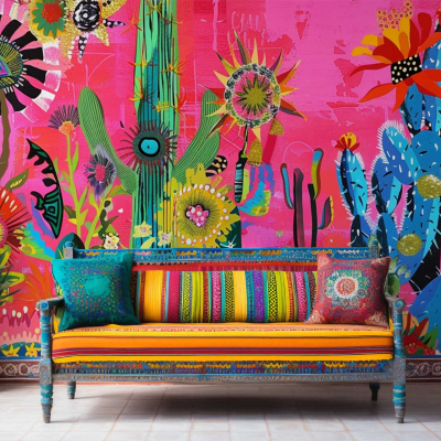 Wallpaper: Bold, vibrant mural featuring abstract cacti and flowers. Neon pink background with colorful elements including shades of green, blue, yellow, and orange.