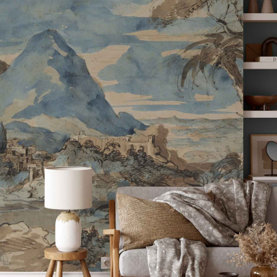 Large wall mural: serene landscape, mountains, trees, village by the lake, neutral tones. Colors: greens for trees and foliage, blues and grays for mountains and lake, subtle earthy tones for the village.