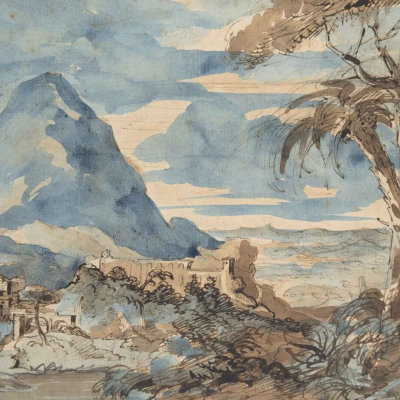 A watercolor wallpaper showcases a serene landscape with a prominent mountain, fluffy clouds, and a fortress-like structure surrounded by trees. A tall, thin tree stands in the foreground. The tranquil lake at the mountain's base is complemented by glimpses of a quaint village amid greenery. The color palette features muted blues, greens, and browns.