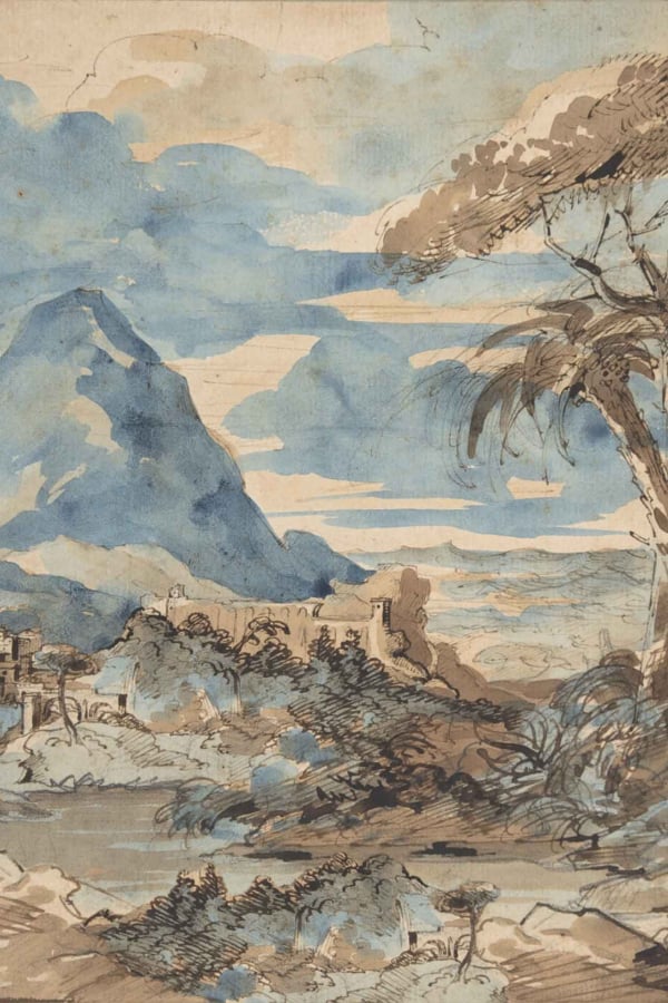 A watercolor wallpaper showcases a serene landscape with a prominent mountain, fluffy clouds, and a fortress-like structure surrounded by trees. A tall, thin tree stands in the foreground. The tranquil lake at the mountain's base is complemented by glimpses of a quaint village amid greenery. The color palette features muted blues, greens, and browns.