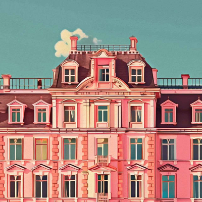 Wallpaper elements include: grand historic building, pink facade, ornate architectural details, large windows, dark sloping roof, dormer windows. Colors: pink facade, vibrant blue sky, fluffy white clouds. Style: distinct Wes Anderson.
