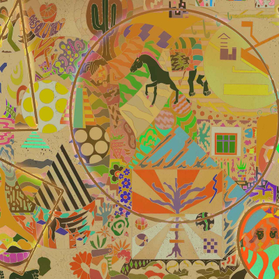 A vibrant, abstract collage wallpaper showcases a multitude of shapes, patterns, and colors. Central is a circle with a horse surrounded by geometric patterns. Scattered elements include various plants, faces, and windows. The overall composition feels like walking through a dreamscape.