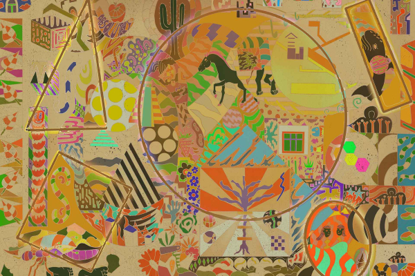 A vibrant, abstract collage wallpaper showcases a multitude of shapes, patterns, and colors. Central is a circle with a horse surrounded by geometric patterns. Scattered elements include various plants, faces, and windows. The overall composition feels like walking through a dreamscape.