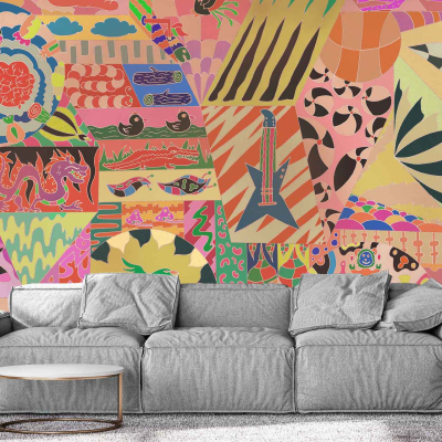 Vibrant abstract mural; colorful geometric shapes; various patterns; images of animals and plants; abstract designs.