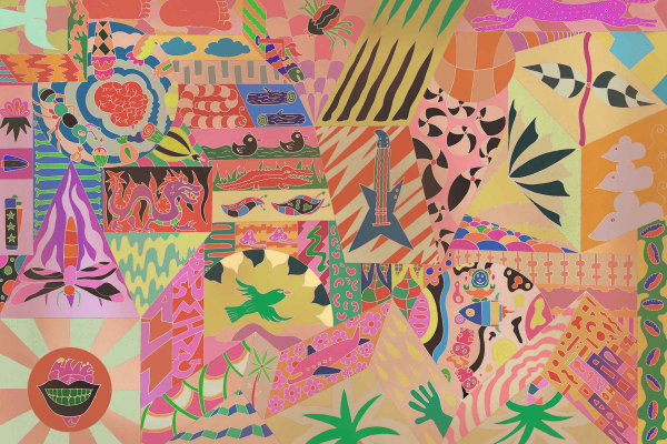 A vibrant and abstract collage wallpaper features colorful shapes and patterns with dragons, birds, musicians, plants, and geometric designs. The artwork is rich in warm tones including pink, orange, yellow, and green.