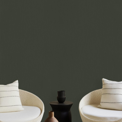 Wallpaper features dark green resembling ripe olives, perfect for creating a cozy atmosphere.
