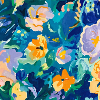 A vibrant wallpaper featuring an abstract floral theme with bold, expressive brush strokes. The composition showcases a lively mix of blue, green, yellow, orange, and pink hues depicting various blossoms and leaves. Dynamic elements and colors create an energetic feel.