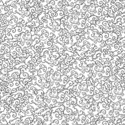 Intricate black and white pattern resembling urban graffiti, numerous interlocking swirls and curls, complex detailed design, full fabric-like image. Elements: swirls, curls. Colors: Black, White.