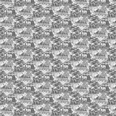 A black and white, intricately detailed toile fabric pattern features various safari animals such as elephants, giraffes, and zebras. The design includes dense trees and shrubs inspired by African wildlife scenes. The repetitive landscape adds a touch of urban sophistication. Key elements: safari animals, elephants, giraffes, zebras, trees, shrubs. Colors: black and white.
