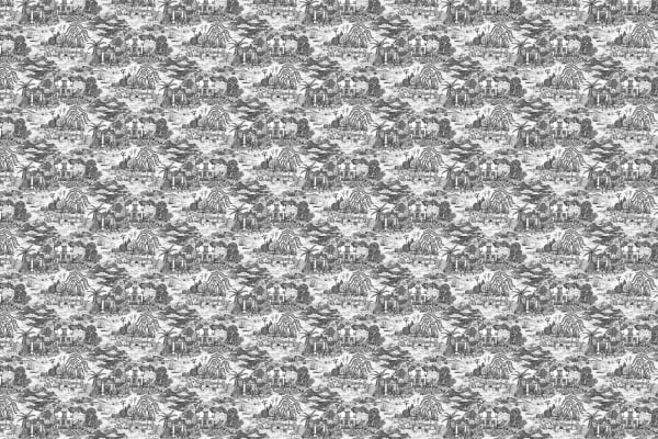 A black and white, intricately detailed toile fabric pattern features various safari animals such as elephants, giraffes, and zebras. The design includes dense trees and shrubs inspired by African wildlife scenes. The repetitive landscape adds a touch of urban sophistication. Key elements: safari animals, elephants, giraffes, zebras, trees, shrubs. Colors: black and white.