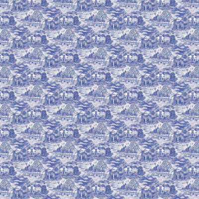 A repetitive blue and white toile fabric pattern with detailed, vintage style featuring exotic animals such as tigers, zebras, and giraffes. The wallpaper includes intricate trees and landscape elements, adding an elegant urban touch.