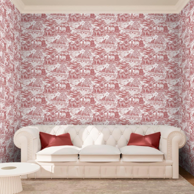 Red and white toile wallpaper showcases intricate pastoral scenes. The design features delicate, detailed landscapes and figures in red on a white background. Pastoral elements include trees, fields, and people engaging in rural activities.