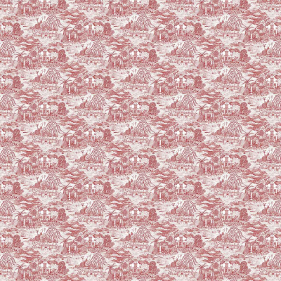 A detailed, repetitive pattern in red and white wallpaper depicts a tropical scene featuring palm trees, zebras, giraffes, rocky formations, and traditional huts. The intricate design resembles a toile de Jouy style with rural charm and an urban twist.