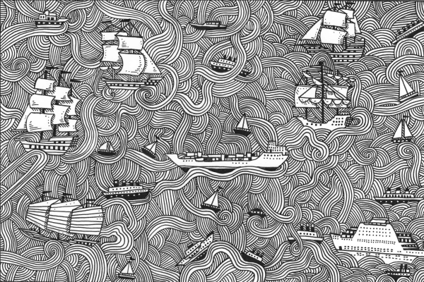 The intricate black and white wallpaper features an array of ships, including sailboats, cargo ships, and steamships. These vessels navigate a sea of swirling waves intricately woven into complex patterns. The scene embodies a dynamic nautical theme reminiscent of an urban fabric. Key elements: detailed ships, interwoven wave patterns; dominant colors: black and white.