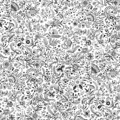 Wallpaper features a black and white intricate floral pattern with various flowers, leaves, and abstract elements. Detailed line work creates a complex, ornate design adding an urban flair.