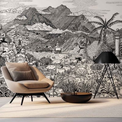 The wallpaper features an intricate black-and-white mural depicting a mountainous landscape. Key elements include detailed mountain peaks, valleys, and possibly trees or other natural features, all rendered in shades of black and white.