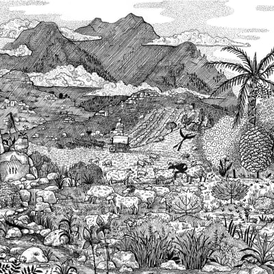 A detailed black-and-white illustration of a mountainous landscape wallpaper features rocky terrain, plants, and trees. The foreground showcases various plants and rugged ground with intricate textures similar to fabric. In the background, mountains rise beneath cloudy skies. An arched gate to the right adds an urban touch. Elements highlighted include mountains, rocky terrain, intricate plant textures, cloudy skies, trees, and an arched gate in black-and-white tones.