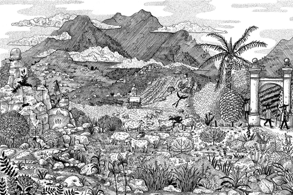 A detailed black-and-white illustration of a mountainous landscape wallpaper features rocky terrain, plants, and trees. The foreground showcases various plants and rugged ground with intricate textures similar to fabric. In the background, mountains rise beneath cloudy skies. An arched gate to the right adds an urban touch. Elements highlighted include mountains, rocky terrain, intricate plant textures, cloudy skies, trees, and an arched gate in black-and-white tones.