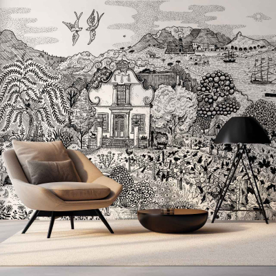 A modern living room showcases a black and white mural with intricate details of a scenic landscape. Key elements include a colonial-style house, lush gardens, mountains, birds, and ships at sea. The mural is monochromatic, featuring shades from deep blacks to crisp whites.