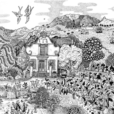 A black and white illustration wallpaper showcases a whimsical garden scene centered around a historic-looking house. It features various plants, trees, bushes, mountains in the backdrop, birds in flight, and distant sailing ships on a sea. The wallpaper portrays an idyllic retreat from urban life.