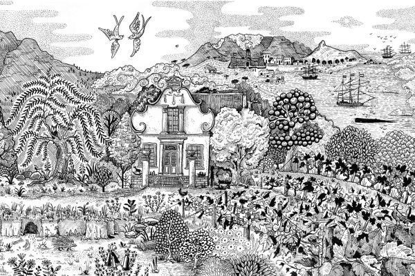 A black and white illustration wallpaper showcases a whimsical garden scene centered around a historic-looking house. It features various plants, trees, bushes, mountains in the backdrop, birds in flight, and distant sailing ships on a sea. The wallpaper portrays an idyllic retreat from urban life.