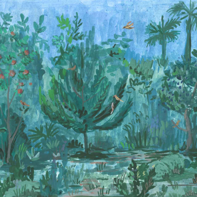 Vibrant jungle scene wallpaper: Various green plants and trees, some with red fruits. Birds and insects flying against a blue sky backdrop.