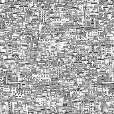 The wallpaper is a densely packed, black-and-white illustration of an urban landscape. It features countless buildings of various architectural styles, sizes, and heights. The drawing is intricate with detailed windows, doors, and rooftops. This creates a complex and visually busy cityscape woven like fabric. Highlights include black outlines for structures and white spaces for contrast.
Keywords: dense urban landscape wallpaper, intricate cityscape design, black-and-white illustration wallpaper.