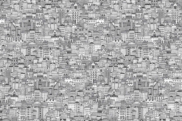 The wallpaper is a densely packed, black-and-white illustration of an urban landscape. It features countless buildings of various architectural styles, sizes, and heights. The drawing is intricate with detailed windows, doors, and rooftops. This creates a complex and visually busy cityscape woven like fabric. Highlights include black outlines for structures and white spaces for contrast.
Keywords: dense urban landscape wallpaper, intricate cityscape design, black-and-white illustration wallpaper.