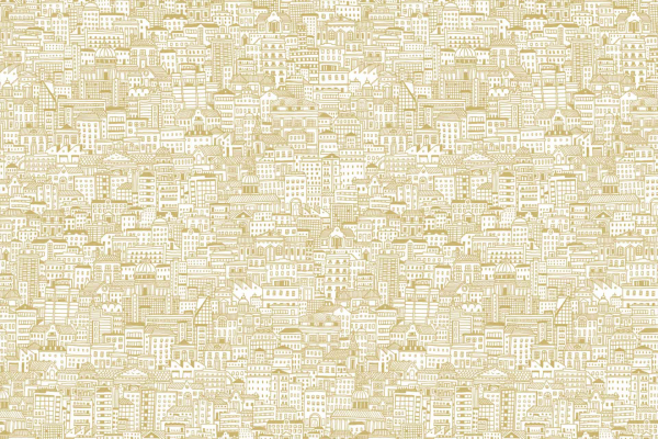 A detailed illustration of a densely packed cityscape in beige and white, featuring numerous buildings of varying shapes and sizes, with intricate details like windows, roofs, and facades. The wallpaper's elements include textured urban structures creating a complex fabric. Prominent colors are beige and white.