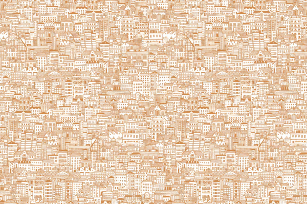 A dense, intricate line-drawn wallpaper features numerous buildings in various styles and sizes, predominantly in shades of brown and white. The detailed, repetitive urban design creates a busy, textured cityscape pattern resembling fabric.