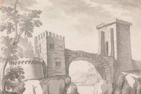 Grayscale wallpaper featuring an ancient stone bridge with fortified towers, arching over a river. Tall, rocky cliffs and trees surround the serene scene. Cloudy sky in the background adding to the atmospheric setting.