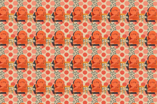 Wallpaper features:
- Orange cartoon character
- Sitting on a chair
- Facing forward
- Repeated pattern, lively Chair Convention theme
- Orange polka dots
- Beige background